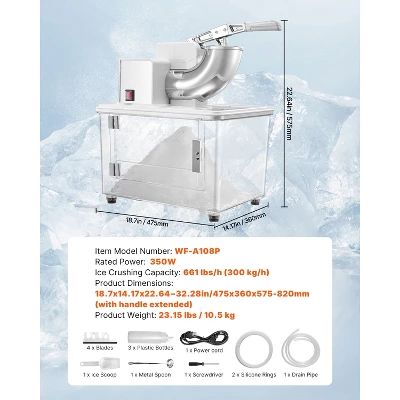 VEVOR Commercial Ice Crusher 661LBS/H, 350W Electric Snow Cone Machine With 4 Blades, 1400RPM Stainless Steel Shaved Ice Machine, White 7 VEVOR Commercial Ice Crusher 661LBS/H, 350W Electric Snow Cone Machine With 4 Blades, 1400RPM Stainless Steel Shaved Ice Machine, White - Image 7