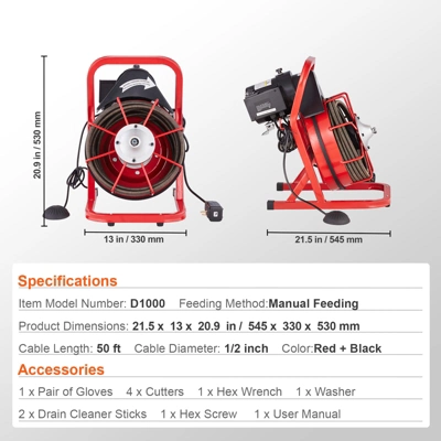 VEVOR Drain Cleaner Machine 50FT X 1/2 Inch, Sewer Snake Auger Manual Feed, 250W Electric Drain Cleaning Machine, Silver 7 VEVOR Drain Cleaner Machine 50FT X 1/2 Inch, Sewer Snake Auger Manual Feed, 250W Electric Drain Cleaning Machine, Silver - Image 7