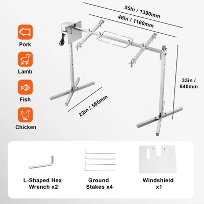 VEVOR Electric BBQ Rotisserie Grill Kit, 46 Inch 132 Lbs Capacity, Automatic 52W Motor Height Adjustable Universal Roaster Stand, Silver 7 VEVOR Electric BBQ Rotisserie Grill Kit, 46 Inch 132 Lbs Capacity, Automatic 52W Motor Height Adjustable Universal Roaster Stand, Silver - Image 7
