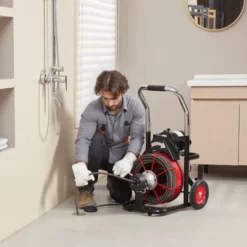 VEVOR Drain Cleaner Machine 100FT X 1/2 Inch, Auto Feed Sewer Snake Auger On Wheels, 550W Portable Drain Cleaning Machine With 8 Cutters, Black