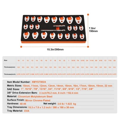 VEVOR 3/8" Drive Crowfoot Wrench Set With 2 Extension Bars, 24-Piece Crows Foot Wrench Set, SAE 3/8"-1" And Metric 10-22 Mm 7 VEVOR 3/8" Drive Crowfoot Wrench Set With 2 Extension Bars, 24-Piece Crows Foot Wrench Set, SAE 3/8"-1" And Metric 10-22 Mm - Image 7