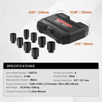 VEVOR Axle Nut Impact Socket Set, 1/2" Drive Deep 12-Point 8-Piece Metric Spindle Nut Socket Set, CR-MO Heat Treated Large Socket Set Black 7 VEVOR Axle Nut Impact Socket Set, 1/2" Drive Deep 12-Point 8-Piece Metric Spindle Nut Socket Set, CR-MO Heat Treated Large Socket Set Black - Image 7