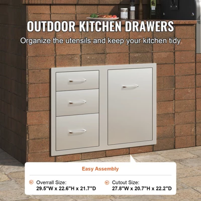 VEVOR Outdoor Kitchen Door Drawer Combo 29.5" W X 22.6" H X 21.7''D, Access Door/Triple Drawers With Propane Drawer, Silver 2 VEVOR Outdoor Kitchen Door Drawer Combo 29.5" W X 22.6" H X 21.7''D, Access Door/Triple Drawers With Propane Drawer, Silver - Image 2