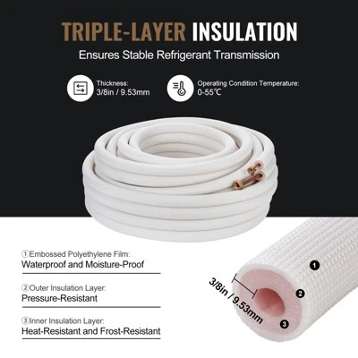VEVOR 50FT Mini Split Line Set, 1/4" & 3/8" O.D Copper Pipes Tubing And Triple-Layer Insulation, For Mini Split Air Conditioning Refrigerant, White 5 VEVOR 50FT Mini Split Line Set, 1/4" & 3/8" O.D Copper Pipes Tubing And Triple-Layer Insulation, For Mini Split Air Conditioning Refrigerant, White - Image 5