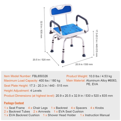 VEVOR Swivel Shower Chair 360 Degree, Adjustable Shower Seat With Pivoting Arms, Non-Slip Rotating Bathtub Shower Chair, 400LBS Capacity, White+Blue 7 VEVOR Swivel Shower Chair 360 Degree, Adjustable Shower Seat With Pivoting Arms, Non-Slip Rotating Bathtub Shower Chair, 400LBS Capacity, White+Blue - Image 7