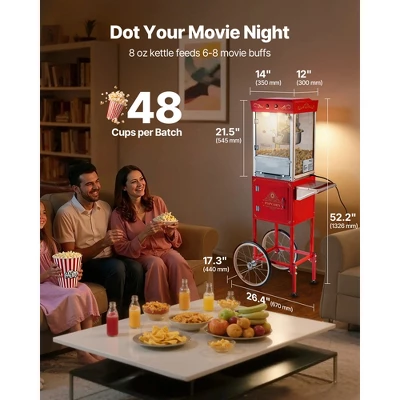 VEVOR Popcorn Machine With Cart, 8oz Stainless Steel Kettle, 800W Commercial Popcorn Maker, 48 Cups Per Batch Theater Style Popper, Red 2 VEVOR Popcorn Machine With Cart, 8oz Stainless Steel Kettle, 800W Commercial Popcorn Maker, 48 Cups Per Batch Theater Style Popper, Red - Image 2