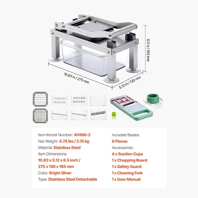VEVOR Vegetable Chopper Mandoline Slicer, All-in-1 Food Veggie Cutter With 8 Stainless Steel Blades, Cheese Grater Onion Potato Salad Dicer, Silver 7 VEVOR Vegetable Chopper Mandoline Slicer, All-in-1 Food Veggie Cutter With 8 Stainless Steel Blades, Cheese Grater Onion Potato Salad Dicer, Silver - Image 7