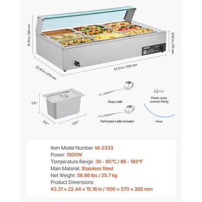 VEVOR Commercial Food Warmer, 1500W Electric Stainless Steel Steam Food Warmer With Glass Cover, 9-Pan Countertop Buffet Bain Marie, Silver 7 VEVOR Commercial Food Warmer, 1500W Electric Stainless Steel Steam Food Warmer With Glass Cover, 9-Pan Countertop Buffet Bain Marie, Silver - Image 7