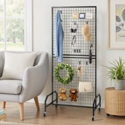 VEVOR 2 Packs Grid Wall Panels, 2.9 X 5.9 Ft Wire Grid Panels Display Rack, Movable Art Display Shelf With Wheels And 10 Hooks, Black