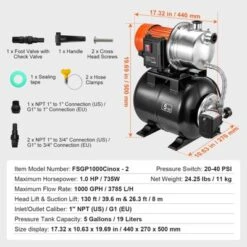 VEVOR 1 HP Shallow Well Pump With Pressure Tank, 1000 GPH, Automatic Irrigation Water Booster Pump With 130 Ft Head Lift 20/40 PSI Pressure, Black -Aesthtic Interiors GUEST 0bdf44f0 0490 4ee0 863e 9b23baa59a06