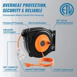 VEVOR Retractable Extension Cord Reel, 30 FT, Heavy Duty 16AWG/3C SJTOW Power Cord, With Lighted Triple Tap Outlet 10 Amp Circuit Breaker, Orange -Aesthtic Interiors GUEST 0c652b2c f853 49d5 82e3 2c0f67d1cde4