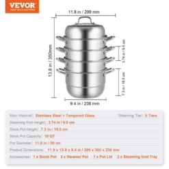 VEVOR Steamer Pot 11.8in/30cm, 5 Tier Steamer Pot For Cooking With 10QT Stock Pot, 3 Vegetable Steamers & 2 Steaming Trays, Silver 14 VEVOR Steamer Pot 11.8in/30cm, 5 Tier Steamer Pot For Cooking With 10QT Stock Pot, 3 Vegetable Steamers & 2 Steaming Trays, Silver -Aesthtic Interiors GUEST 0daa0adc 96fd 4d45 8218 9bbd3943905d