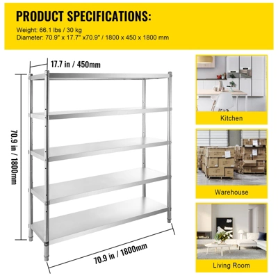 VEVOR Storage Shelf, 5-Tier Storage Shelving Unit, Stainless Steel Garage Shelf, 70.9 X 17.7 X 70.9 Inch Heavy Duty Storage Shelving, Silver 7 VEVOR Storage Shelf, 5-Tier Storage Shelving Unit, Stainless Steel Garage Shelf, 70.9 X 17.7 X 70.9 Inch Heavy Duty Storage Shelving, Silver - Image 7