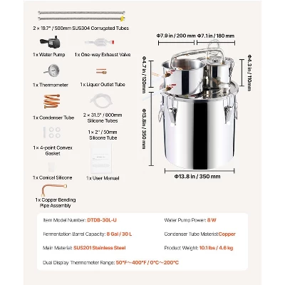 VEVOR Alcohol Still, 8 Gal / 30 L Stainless Steel Water Alcohol Distiller With Copper Coil For Fast Cooling, Dual Condenser Distiller Kit, Silver 7 VEVOR Alcohol Still, 8 Gal / 30 L Stainless Steel Water Alcohol Distiller With Copper Coil For Fast Cooling, Dual Condenser Distiller Kit, Silver - Image 7