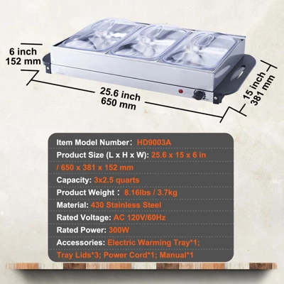 VEVOR Electric Buffet Server & Food Warmer, 25.6" X 15" Portable Stainless Steel Chafing Dish Set With Temp Control & Oven-Safe Pan 7 VEVOR Electric Buffet Server & Food Warmer, 25.6" X 15" Portable Stainless Steel Chafing Dish Set With Temp Control & Oven-Safe Pan - Image 7