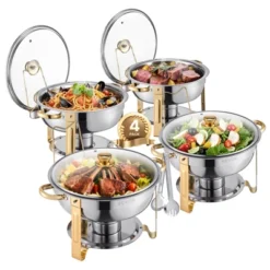 VEVOR Chafing Dish Buffet Set, 5 Qt 4 Pack, Stainless Steel Chafer With 4 Full Size Pan, Round Catering Warmer Server, Silver -Aesthtic Interiors GUEST 128e6bb1 732f 4476 84a0 568991216104