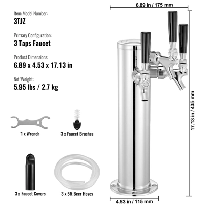 VEVOR Triple Taps Draft Beer Tower Dispenser, Stainless Steel Keg Beer Tower, Kegerator Tower Kit With Pre-Assembled Tubing 7 VEVOR Triple Taps Draft Beer Tower Dispenser, Stainless Steel Keg Beer Tower, Kegerator Tower Kit With Pre-Assembled Tubing - Image 7