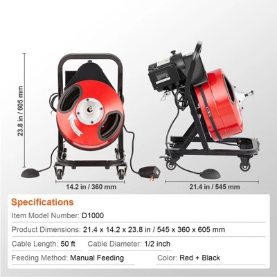 VEVOR Drain Cleaner Machine 50FT X 1/2 Inch, Manual Feed Sewer Snake Auger - With Wheels, 4 Cutters & Air-activated Foot Switch, Red 7 VEVOR Drain Cleaner Machine 50FT X 1/2 Inch, Manual Feed Sewer Snake Auger - With Wheels, 4 Cutters & Air-activated Foot Switch, Red - Image 7
