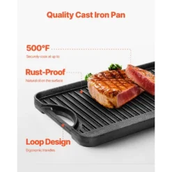 VEVOR Reversible Grill/Griddle, 20x10 Inch Pre-Seasoned Cast Iron Griddle, Portable Rectangular Pan With Handle, Family Cookware, Black -Aesthtic Interiors GUEST 15e0d0ee 209a 4878 80c3 10fd8612a5eb