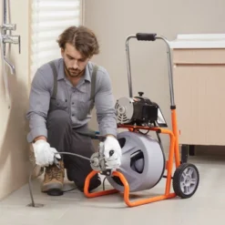 VEVOR Drain Cleaner Machine 75FT X 3/8 Inch, Auto Feed Sewer Snake Drain Auger On Wheels, Portable Drain Cleaning Machine, Gray