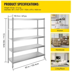 VEVOR Stainless Steel Shelving 60x18.5 Inch 5 Tier Adjustable Shelf Storage Unit Stainless Steel Heavy Duty Shelving, Silver -Aesthtic Interiors GUEST 165317bc c5e0 44c1 b260 065e85ab1b28