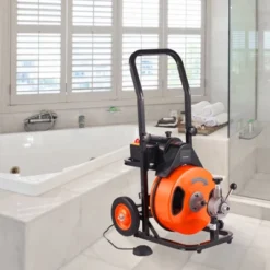 VEVOR Drain Cleaning Machine 75FT X 3/8 Inch, Sewer Snake Machine Auto Feed, Drain Auger Cleaner With 4 Cutter & Air-Activated Foot Switch, Orange