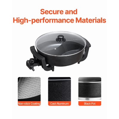 VEVOR Electric Hot Pot, 1360W 5 L Double-flavor Shabu Shabu Pot, Non-Stick Electric Cooker With Divider, Clear Glass Lid, Black 5 VEVOR Electric Hot Pot, 1360W 5 L Double-flavor Shabu Shabu Pot, Non-Stick Electric Cooker With Divider, Clear Glass Lid, Black - Image 5