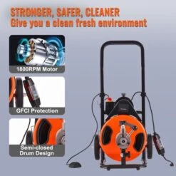 VEVOR Drain Cleaning Machine 75FT X 3/8 Inch, Sewer Snake Machine Auto Feed, Drain Auger Cleaner With 4 Cutter & Air-Activated Foot Switch, Orange -Aesthtic Interiors GUEST 194de76f 01af 40aa bd86 b0349c31de49