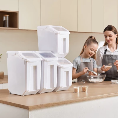 VEVOR Rice Storage Container, 3.5Gal/15Lx2 + 4.5Gal/20Lx2 Large Dog Food Dispenser Bin, With Wheels, 4 Measuring Cups, Airtight Lid, 4 Pack, White 1 VEVOR Rice Storage Container, 3.5Gal/15Lx2 + 4.5Gal/20Lx2 Large Dog Food Dispenser Bin, With Wheels, 4 Measuring Cups, Airtight Lid, 4 Pack, White