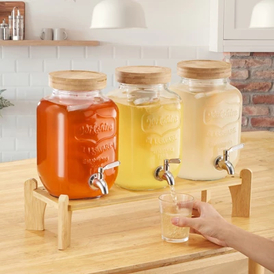 VEVOR Beverage Dispenser, 3 Pack 1 Gallon Drink Dispensers For Parties, Glass Juice Dispenser With Wood Stand, Stainless Steel Spigot,Infuser, Clear 1 VEVOR Beverage Dispenser, 3 Pack 1 Gallon Drink Dispensers For Parties, Glass Juice Dispenser With Wood Stand, Stainless Steel Spigot,Infuser, Clear
