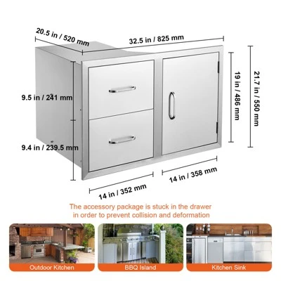 VEVOR Outdoor Kitchen Door Drawer Combo 32.5" W X 21.6" H X 20.5''D,Access Door/Double Drawers With Paper Towel Rack, BBQ Island Drawers, Silver 7 VEVOR Outdoor Kitchen Door Drawer Combo 32.5" W X 21.6" H X 20.5''D,Access Door/Double Drawers With Paper Towel Rack, BBQ Island Drawers, Silver - Image 7