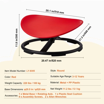 VEVOR Kids Swivel Chair, 220 LBS Capacity, Sensory Spinning Chair, Autistic Kids Sensory Toy Chair With Non-Slip Metal Base, Red 7 VEVOR Kids Swivel Chair, 220 LBS Capacity, Sensory Spinning Chair, Autistic Kids Sensory Toy Chair With Non-Slip Metal Base, Red - Image 7