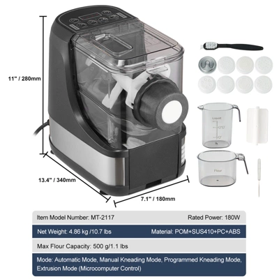 VEVOR Electric Pasta Maker, 150W Automatic Noodle Maker Machine With 8 Pasta Shapes, 4 Intelligent Modes, 500g Flour Capacity, Black 7 VEVOR Electric Pasta Maker, 150W Automatic Noodle Maker Machine With 8 Pasta Shapes, 4 Intelligent Modes, 500g Flour Capacity, Black - Image 7