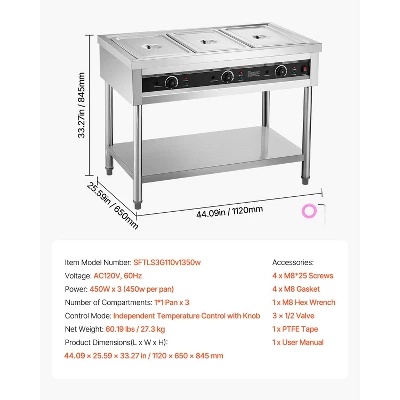 VEVOR 3-Pan Commercial Food Warmer,Electric Steam Table With Independent Temperature Control,450Wx3 Stainless Steel Buffet Catering Food Warmer,Silver 7 VEVOR 3-Pan Commercial Food Warmer,Electric Steam Table With Independent Temperature Control,450Wx3 Stainless Steel Buffet Catering Food Warmer,Silver - Image 7