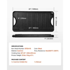 VEVOR Reversible Grill/Griddle, 20x10 Inch Pre-Seasoned Cast Iron Griddle, Portable Rectangular Pan With Handle, Family Cookware, Black -Aesthtic Interiors GUEST 1f4bb83c 7b0d 4935 9abd 1c07771dd62e