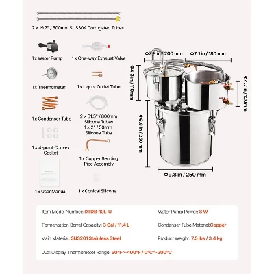 VEVOR Alcohol Still, 3 Gal / 11.4 L Stainless Steel Water Alcohol Distiller With Copper Coil For Fast Cooling, Dual Condenser Distiller Kit, Silver 7 VEVOR Alcohol Still, 3 Gal / 11.4 L Stainless Steel Water Alcohol Distiller With Copper Coil For Fast Cooling, Dual Condenser Distiller Kit, Silver - Image 7