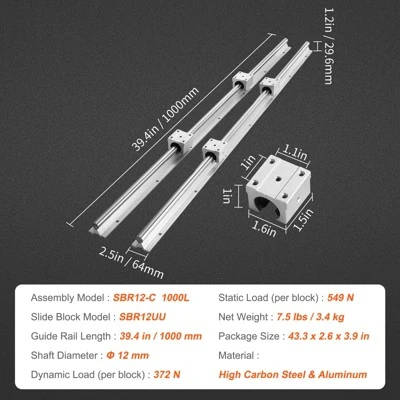VEVOR Linear Guide Rail Set, SBR12 1000mm, 2 PCS 39.4 In/1000 Mm SBR12 Guide Rails And 4 PCS SBR12UU Slide Blocks, Linear Rails And Bearings Kit 7 VEVOR Linear Guide Rail Set, SBR12 1000mm, 2 PCS 39.4 In/1000 Mm SBR12 Guide Rails And 4 PCS SBR12UU Slide Blocks, Linear Rails And Bearings Kit - Image 7