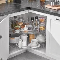 VEVOR 31.5" Kidney Shaped Chrome Corner Organizer, 2 Tier Height Adjustable Storage Rack, Carbon Steel Lazy Susan Replacement Shelf, Silver