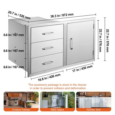 VEVOR Outdoor Kitchen Door Drawer Combo 38.1''W X 22.6''H X 20.8''D, BBQ Access Door/Triple Drawers Combo With Stainless Steel Handles, Silver 7 VEVOR Outdoor Kitchen Door Drawer Combo 38.1''W X 22.6''H X 20.8''D, BBQ Access Door/Triple Drawers Combo With Stainless Steel Handles, Silver - Image 7