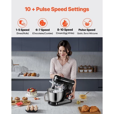 VEVOR Stand Mixer, 5QT Dough Mixer, 10+P Speeds Tilt-head Food Mixer, Kitchen Mixer With Stainless Steel Bowl, Dough Hook, Wire Whip, Black 3 VEVOR Stand Mixer, 5QT Dough Mixer, 10+P Speeds Tilt-head Food Mixer, Kitchen Mixer With Stainless Steel Bowl, Dough Hook, Wire Whip, Black - Image 3