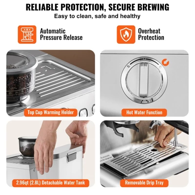 VEVOR Espresso Machine With Grinder, 15 Bar Semi-Automatic Espresso Coffee Maker With Milk Frother Steam Wand, Removable Water Tank & Pressure Gauge 6 VEVOR Espresso Machine With Grinder, 15 Bar Semi-Automatic Espresso Coffee Maker With Milk Frother Steam Wand, Removable Water Tank & Pressure Gauge - Image 6