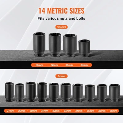 VEVOR Axle Nut Impact Socket Set, 1/2" Drive Deep 6+12-Point 14-Piece Metric Spindle Nut Socket Set, CR-V Heat Treated Large Socket Set Black 3 VEVOR Axle Nut Impact Socket Set, 1/2" Drive Deep 6+12-Point 14-Piece Metric Spindle Nut Socket Set, CR-V Heat Treated Large Socket Set Black - Image 3