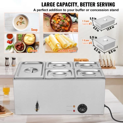 VEVOR 24QT Commercial Food Warmer, 5-Pan Electric Steam Table, 1200W Professional Countertop Stainless Steel Buffet Bain Marie With 86-185°F Temp 2 VEVOR 24QT Commercial Food Warmer, 5-Pan Electric Steam Table, 1200W Professional Countertop Stainless Steel Buffet Bain Marie With 86-185°F Temp - Image 2