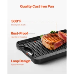 VEVOR Reversible Grill/Griddle, 14x8.5 Inch Pre-Seasoned Cast Iron Griddle, Portable Rectangular Pan With Handle, Family Cookware, Black -Aesthtic Interiors GUEST 27df7b99 5697 4c48 8fe2 6ac49d45526f