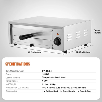 VEVOR Countertop Electric Pizza Oven, 12-inch, 1500W, 122-662℉ Temp Range, Stainless Steel Construction And Easy-to-Clean Crumb Tray 7 VEVOR Countertop Electric Pizza Oven, 12-inch, 1500W, 122-662℉ Temp Range, Stainless Steel Construction And Easy-to-Clean Crumb Tray - Image 7