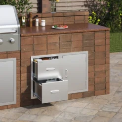 VEVOR Outdoor Kitchen Door Drawer Combo 32.5" W X 21.6" H X 20.5''D,Access Door/Double Drawers With Paper Towel Rack, BBQ Island Drawers, Silver
