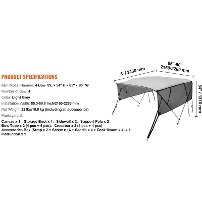 VEVOR 4 Bow Bimini Top Boat Cover, Detachable Mesh Sidewalls, 600D Polyester Canopy With 1" Aluminum Alloy Frame 8 VEVOR 4 Bow Bimini Top Boat Cover, Detachable Mesh Sidewalls, 600D Polyester Canopy With 1" Aluminum Alloy Frame - Image 8