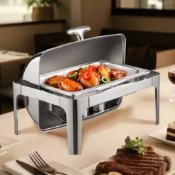 VEVOR Roll Top Chafing Dish Buffet Complete Set, 9Qt Stainless Steel Chafer With Full Size Pan, Rectangle Catering Warmer Server, Silver
