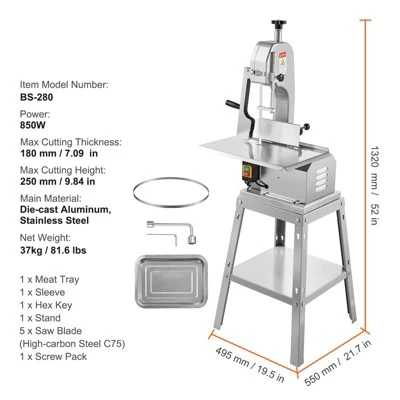 VEVOR Electric Meat Saw, 850W Stainless Vertical Cutter, 19.1"x15" Workbench, 7.09" Cutting Thickness, Includes 5 Blades 7 VEVOR Electric Meat Saw, 850W Stainless Vertical Cutter, 19.1"x15" Workbench, 7.09" Cutting Thickness, Includes 5 Blades - Image 7