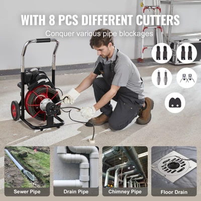 VEVOR Drain Cleaner Machine 100FT X 3/8 Inch, Auto Feed Sewer Snake Auger On Wheels, 370W Portable Drain Cleaning Machine With 8 Cutters, Black 5 VEVOR Drain Cleaner Machine 100FT X 3/8 Inch, Auto Feed Sewer Snake Auger On Wheels, 370W Portable Drain Cleaning Machine With 8 Cutters, Black - Image 5